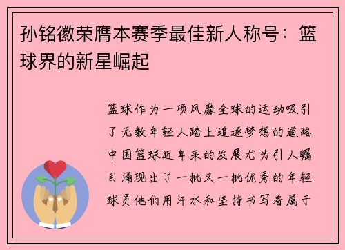 孙铭徽荣膺本赛季最佳新人称号：篮球界的新星崛起