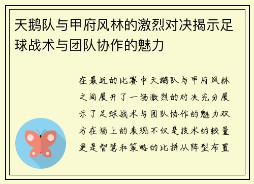 天鹅队与甲府风林的激烈对决揭示足球战术与团队协作的魅力
